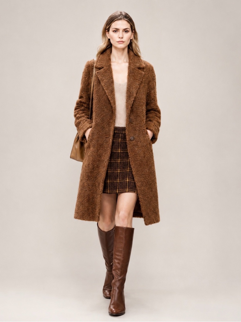 Carole Wren Teddy Boucle Coat Women Med Brown Textured Minimalist Quiet Luxury